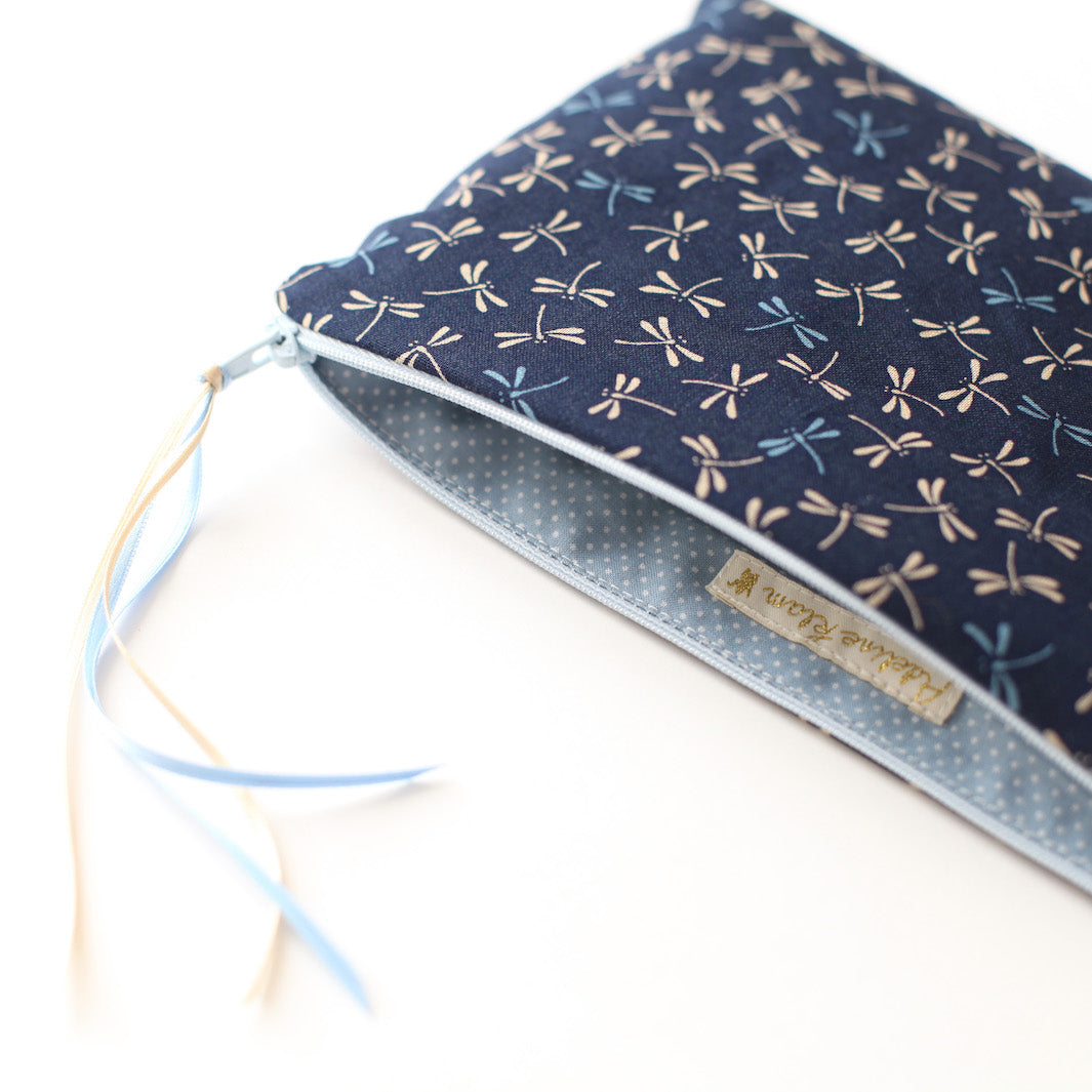 Flat Pencil Case in Japanese Fabrics - Dragonfly - Navy Blue