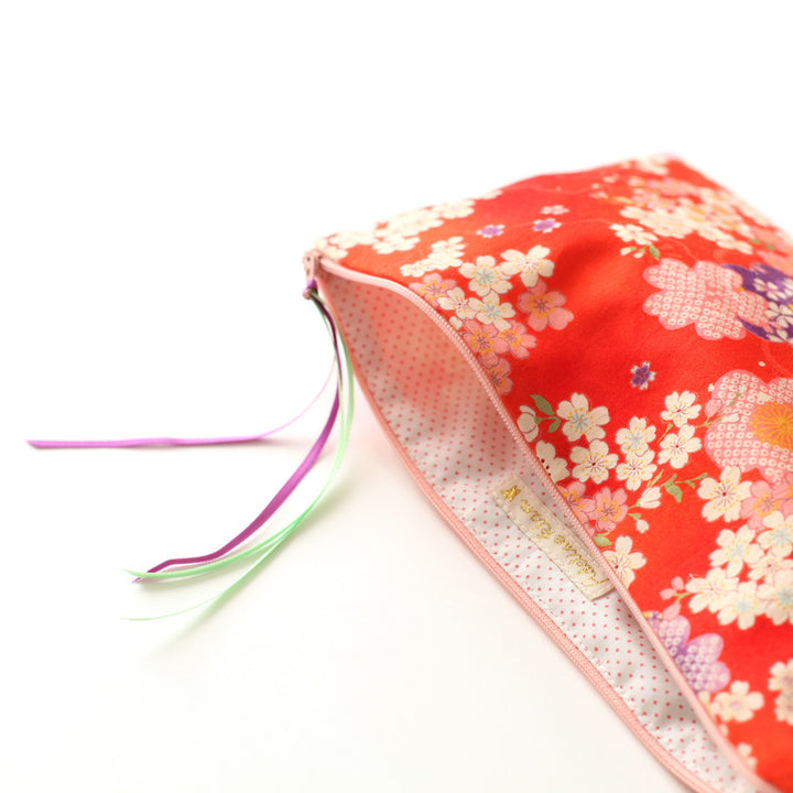 Trousse Plate en Tissus Japonais - Fleuri Japonais - Rouge