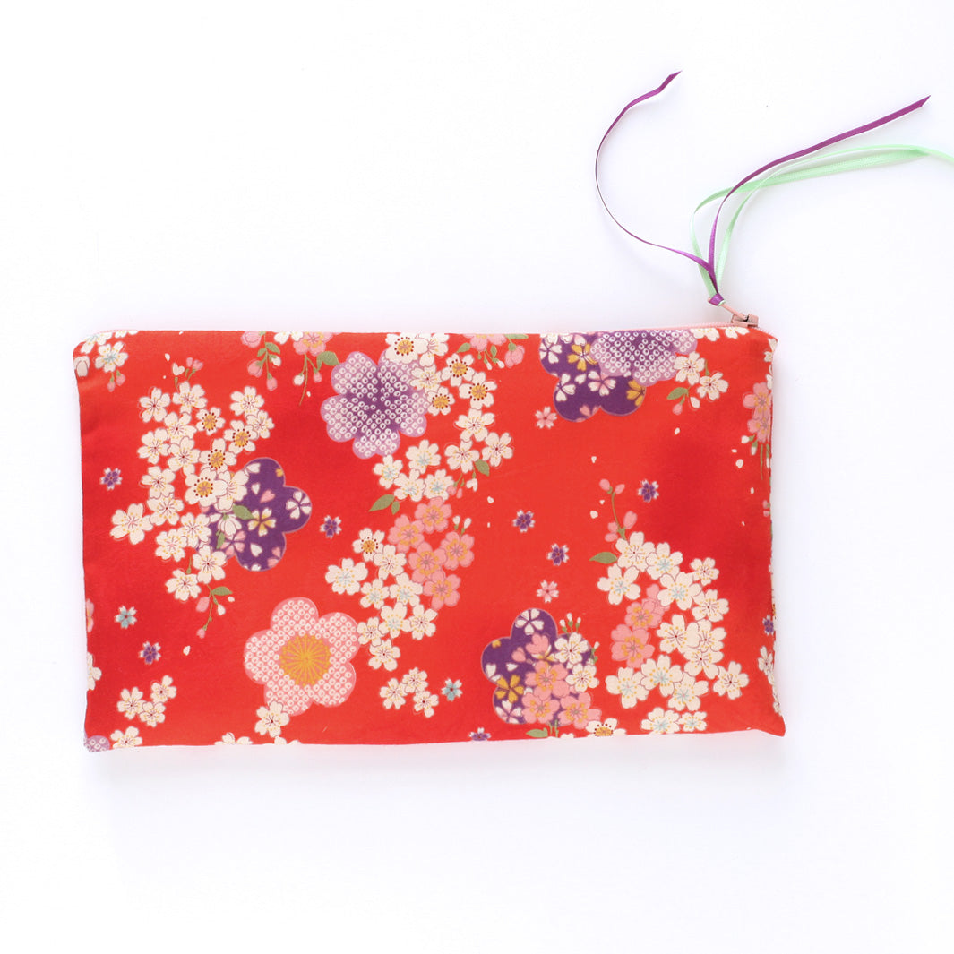 Trousse Plate en Tissus Japonais - Fleuri Japonais - Rouge