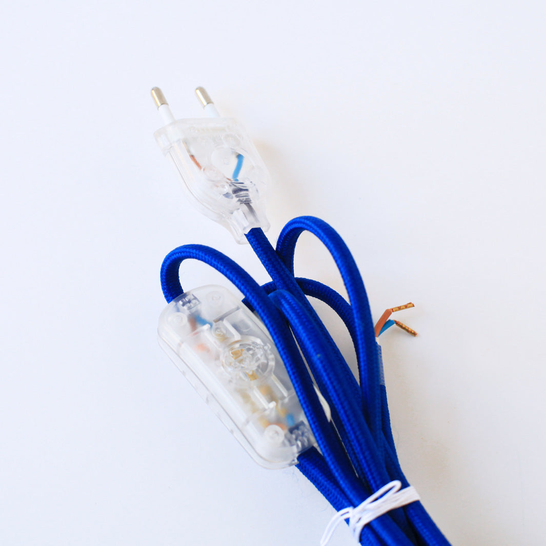 Textile electric cord with plug and switch - Blue