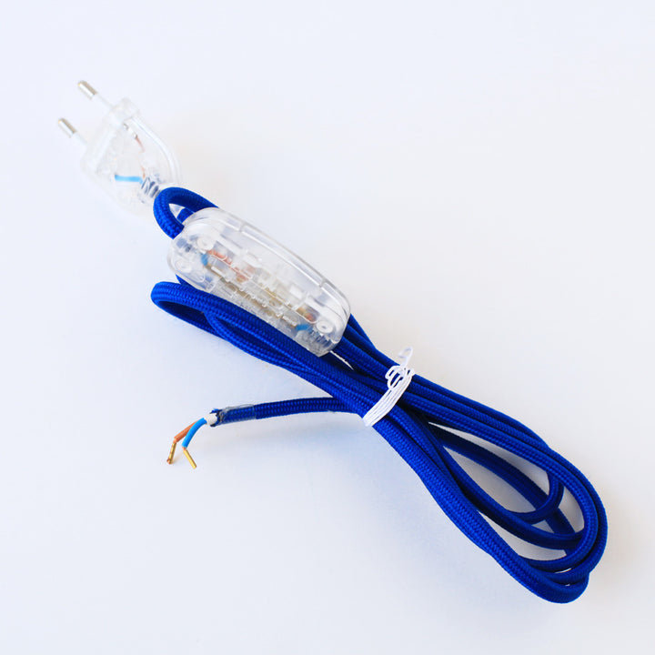 Textile electric cord with plug and switch - Blue