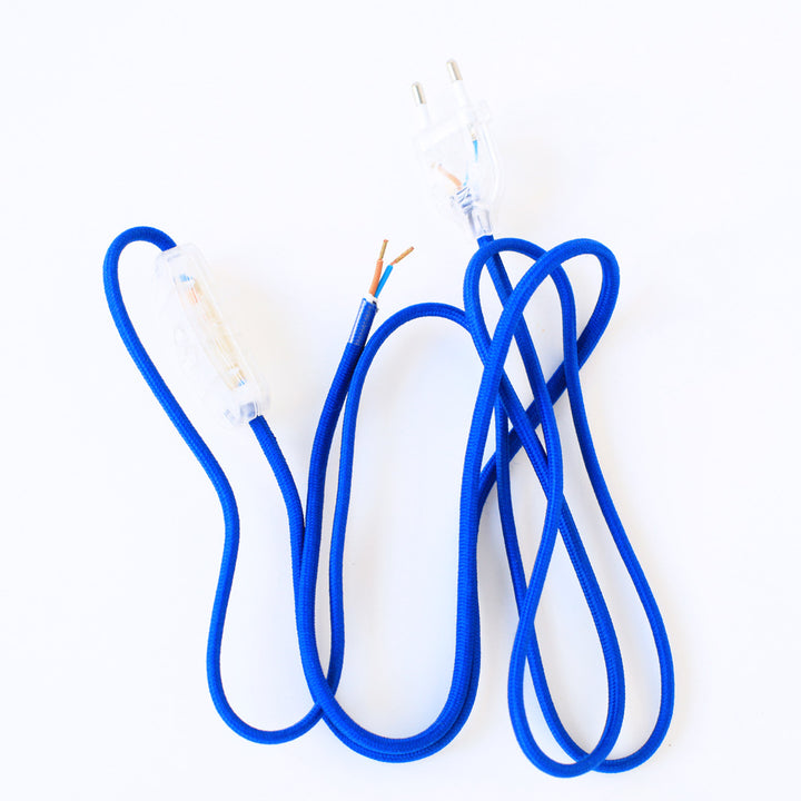 Textile electric cord with plug and switch - Blue