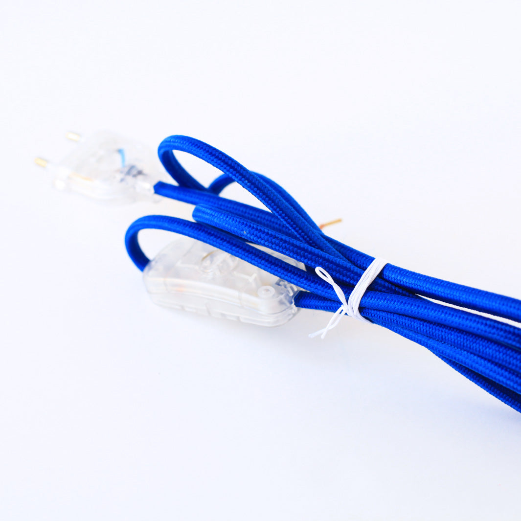 Textile electric cord with plug and switch - Blue