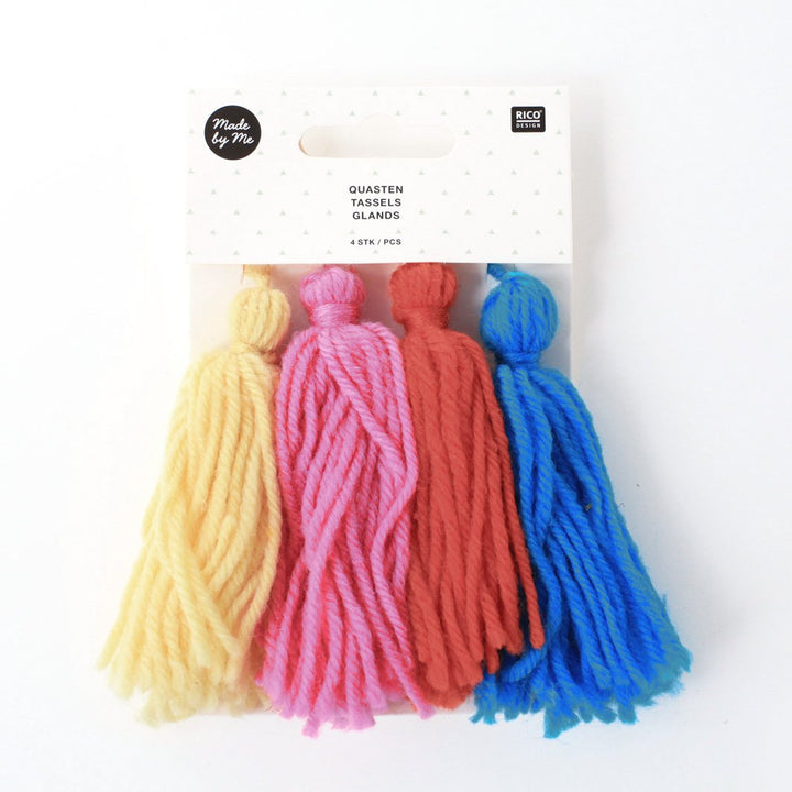 Set of 4 long hanging wool pompoms - Yellow, Pink, Red and Blue