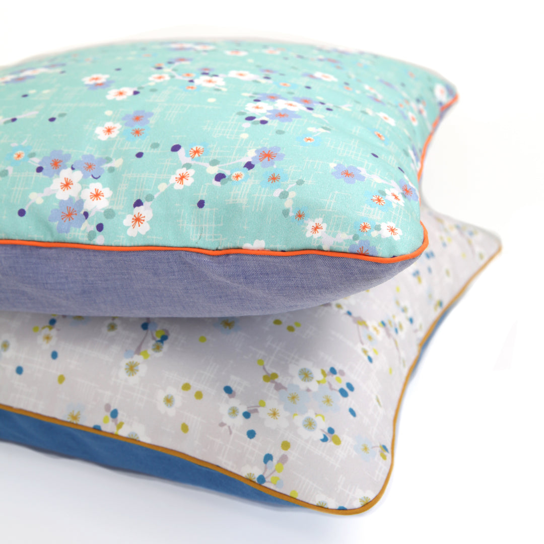 Large Square Fabric Cushion - Cherry Blossoms and Plain - Grey, Mustard Yellow, Acid Green and Blue