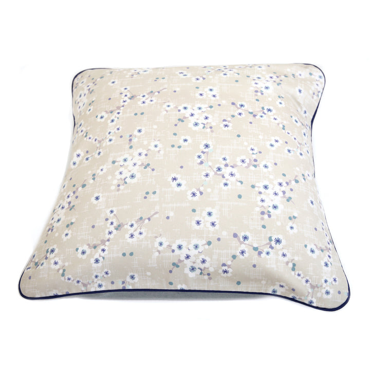 Large Square Fabric Cushion - Cherry Blossoms and Plain - Beige, Navy Blue and Gray