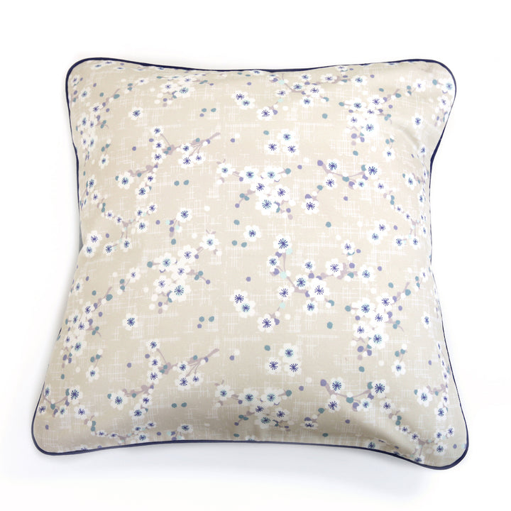 Large Square Fabric Cushion - Cherry Blossoms and Plain - Beige, Navy Blue and Gray