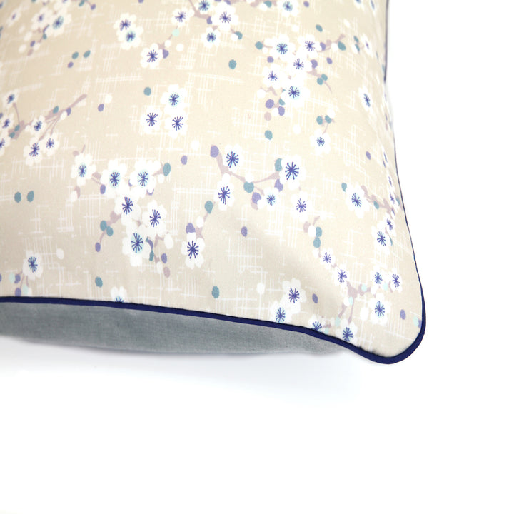 Large Square Fabric Cushion - Cherry Blossoms and Plain - Beige, Navy Blue and Gray