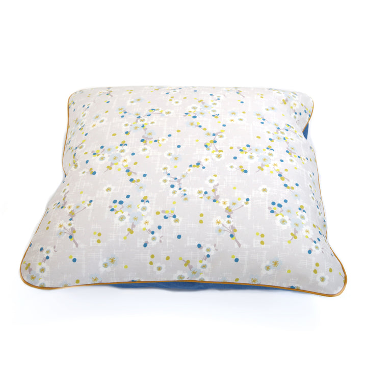 Large Square Fabric Cushion - Cherry Blossoms and Plain - Grey, Mustard Yellow, Acid Green and Blue