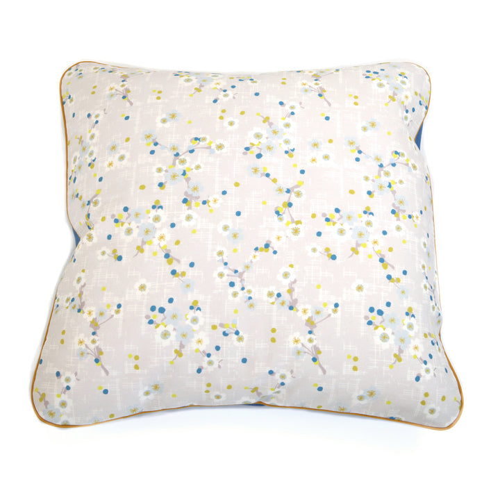 Large Square Fabric Cushion - Cherry Blossoms and Plain - Grey, Mustard Yellow, Acid Green and Blue