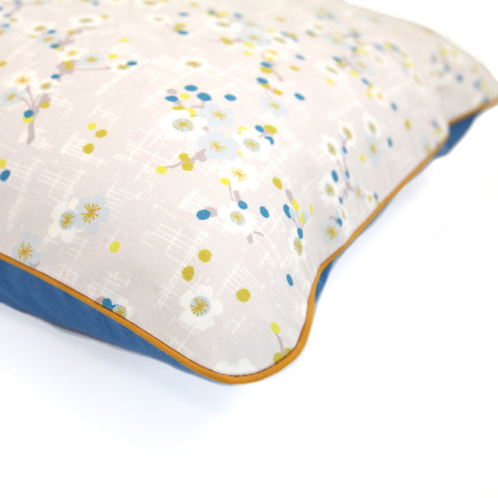 Large Square Fabric Cushion - Cherry Blossoms and Plain - Grey, Mustard Yellow, Acid Green and Blue