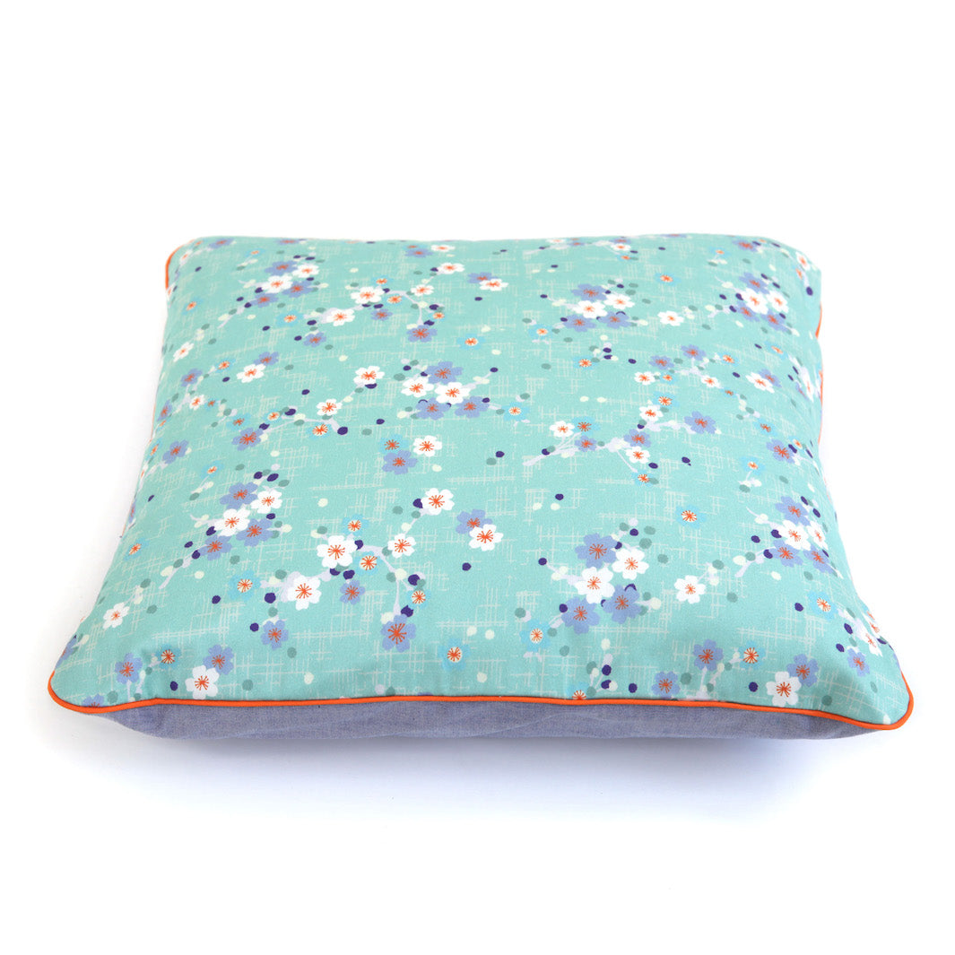 Large Square Fabric Cushion - Cherry Blossoms and Plain - Mint Green, Orange and Mauve