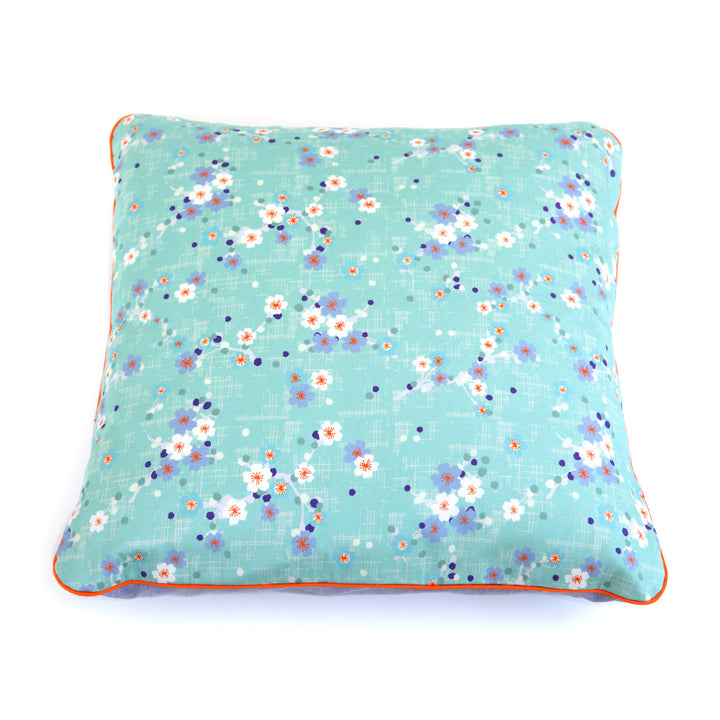 Large Square Fabric Cushion - Cherry Blossoms and Plain - Mint Green, Orange and Mauve