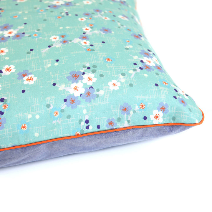 Large Square Fabric Cushion - Cherry Blossoms and Plain - Mint Green, Orange and Mauve