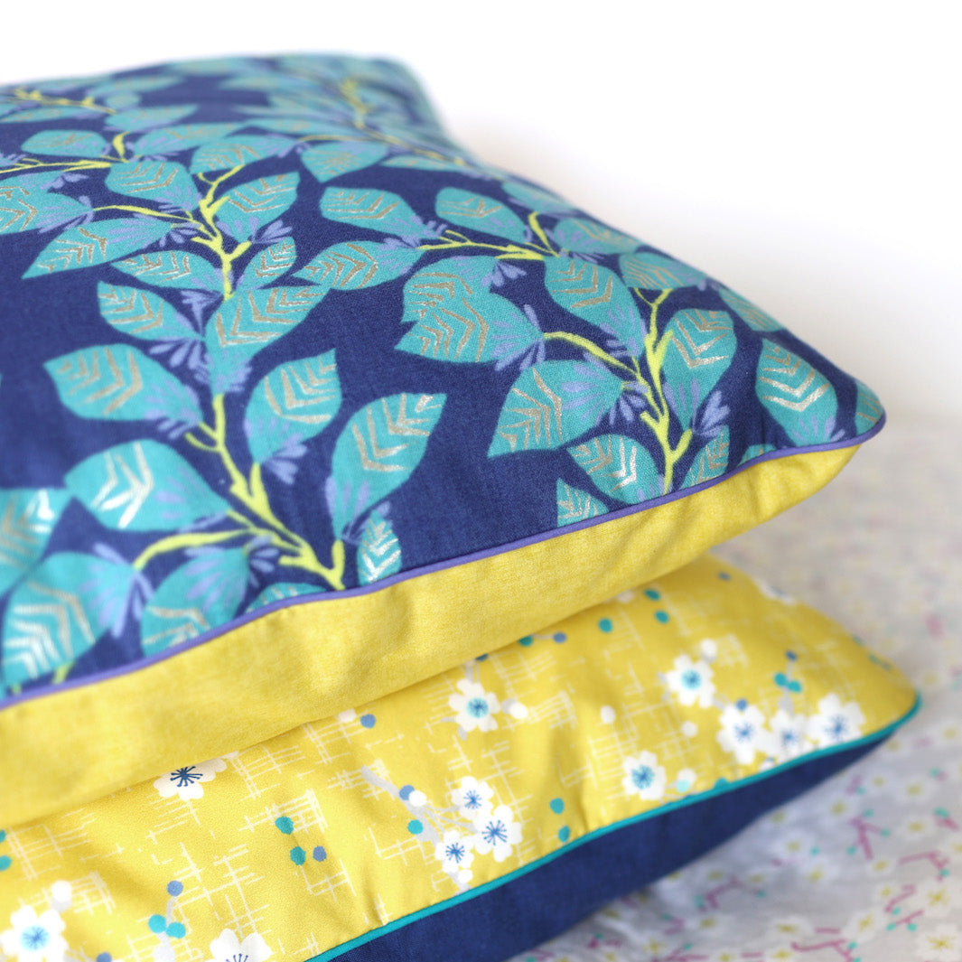 Large Square Fabric Cushion - Cherry Blossoms and Plain - Mustard Yellow, Blue and Turquoise Blue