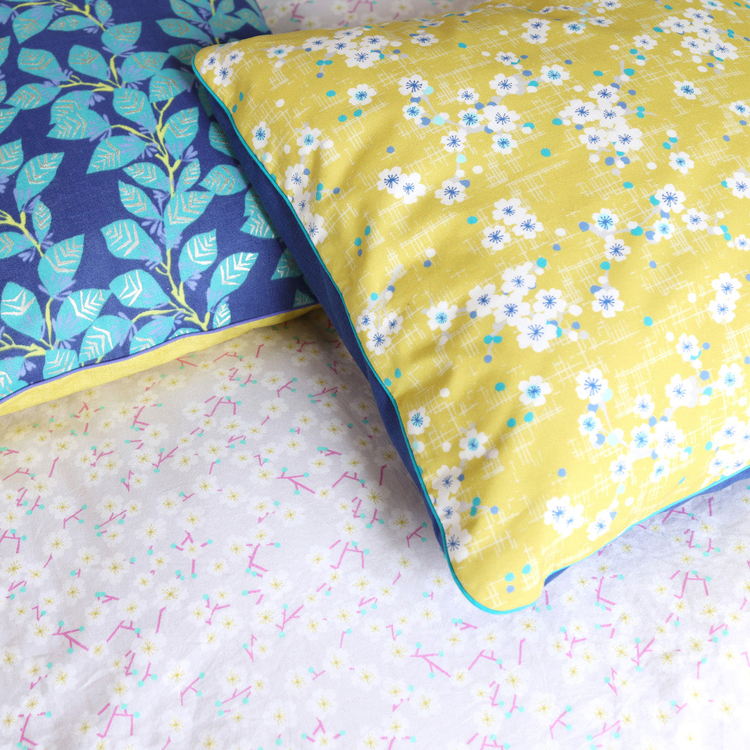 Large Square Fabric Cushion - Cherry Blossoms and Plain - Mustard Yellow, Blue and Turquoise Blue