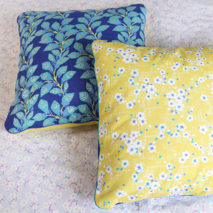 Large Square Fabric Cushion - Cherry Blossoms and Plain - Mustard Yellow, Blue and Turquoise Blue