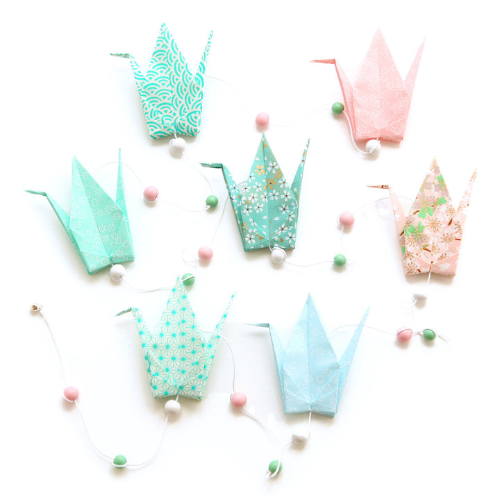 Origami Crane Garland - Pink and Water Green - GR2