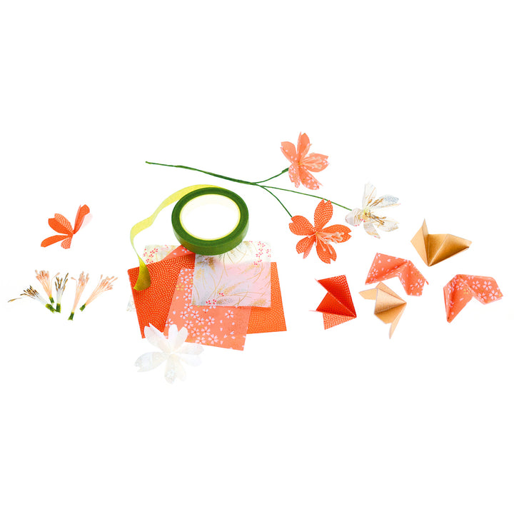 Kit Bouquet de Fleurs de Cerisier - Corail, Rouge Orangé, Blanc Nacré et Or - Roma