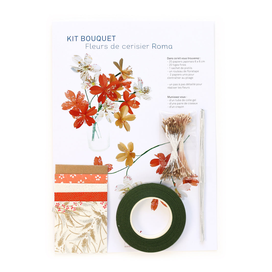 Kit Bouquet de Fleurs de Cerisier - Corail, Rouge Orangé, Blanc Nacré et Or - Roma
