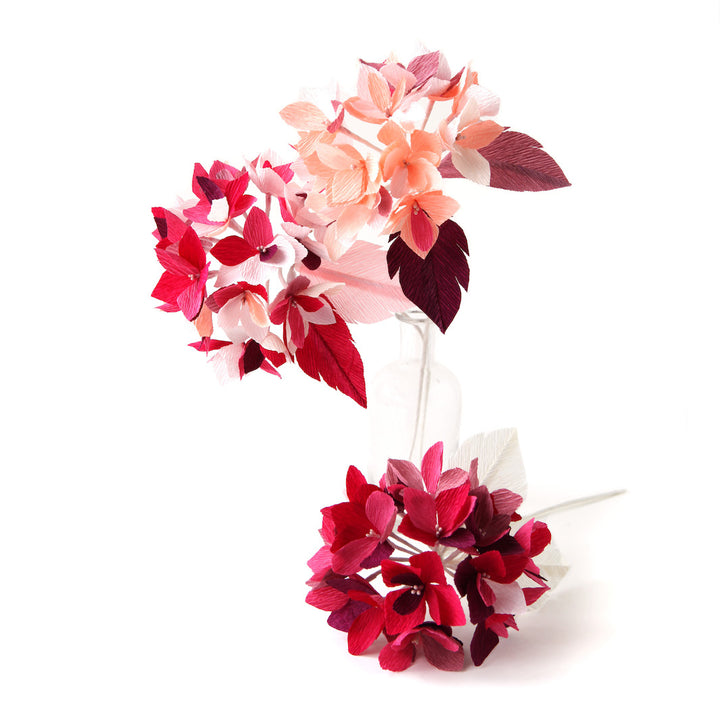 Kit Bouquet d'Hortensia en Crépon - Rose Clair et Fuschia, Rouge et Bordeaux - Grenat