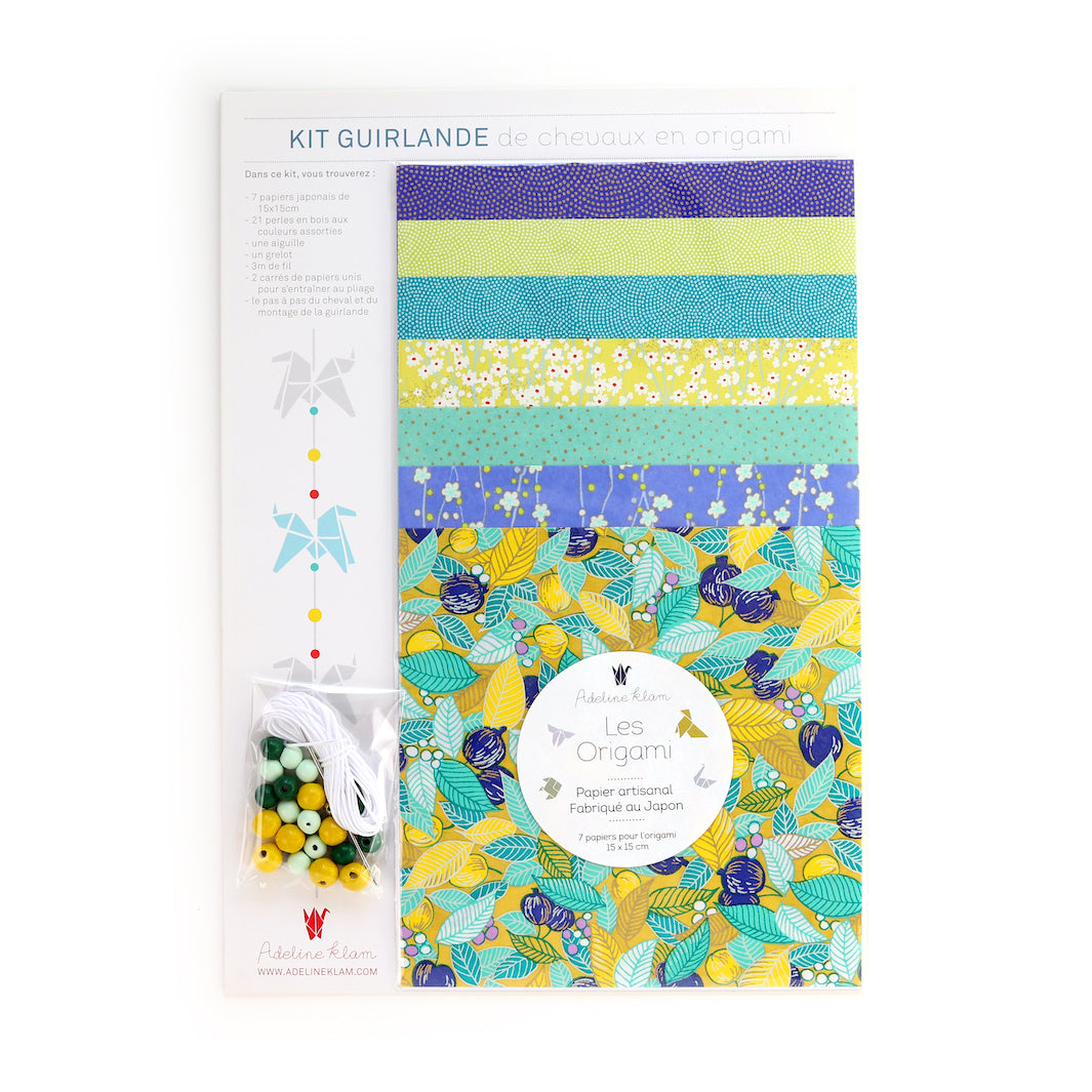 Kit Guirlande de Chevaux en origami - Jaune, Vert d'Eau et Bleu Nuit  - Citronnier - U4