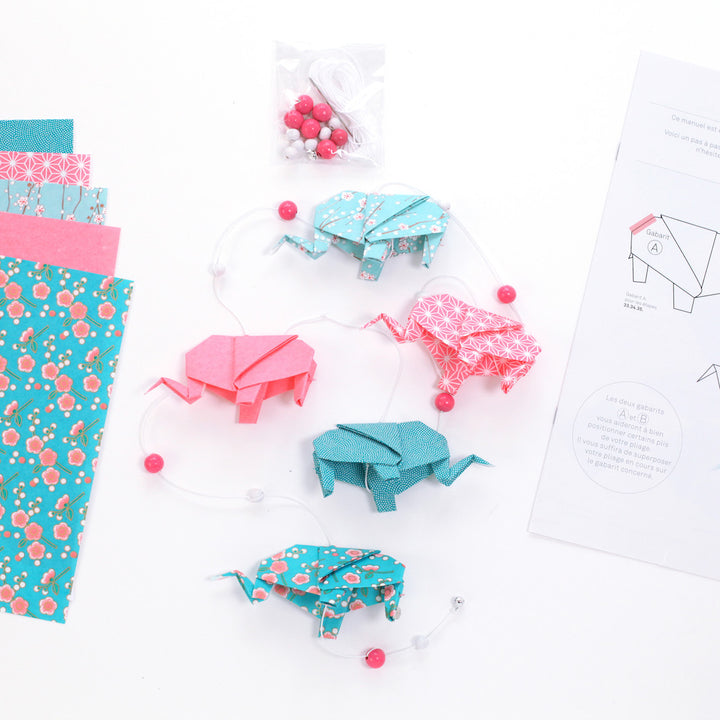 Kit Guirlande d'Éléphants en origami - Bleu et Rose