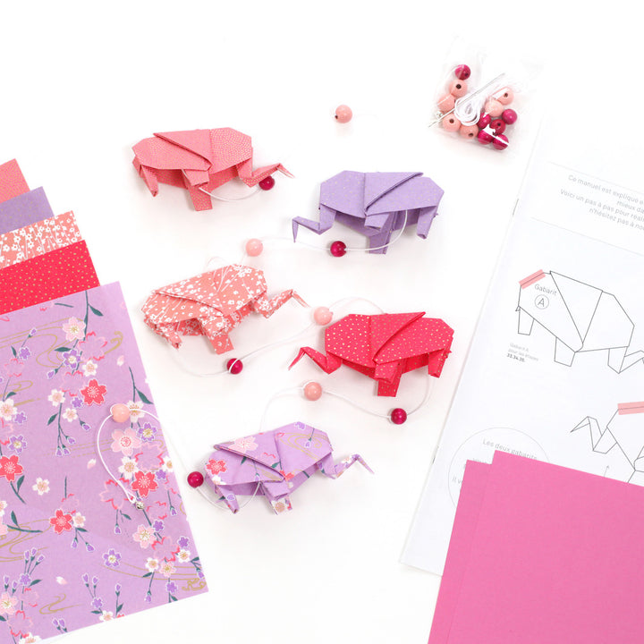 Kit Guirlande d'Éléphants en origami - Rose et Mauve