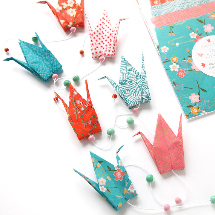Origami Crane Garland Kit - Turquoise Blue, Orange Red and Pink - Miyakojima - T3