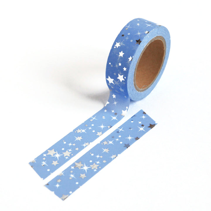 Decorative adhesive tape - Silver Stars, Sky Blue Background