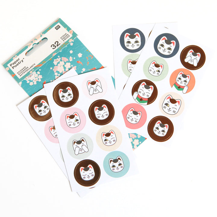 4 Planches de 32 stickers chat - Maneki Neko