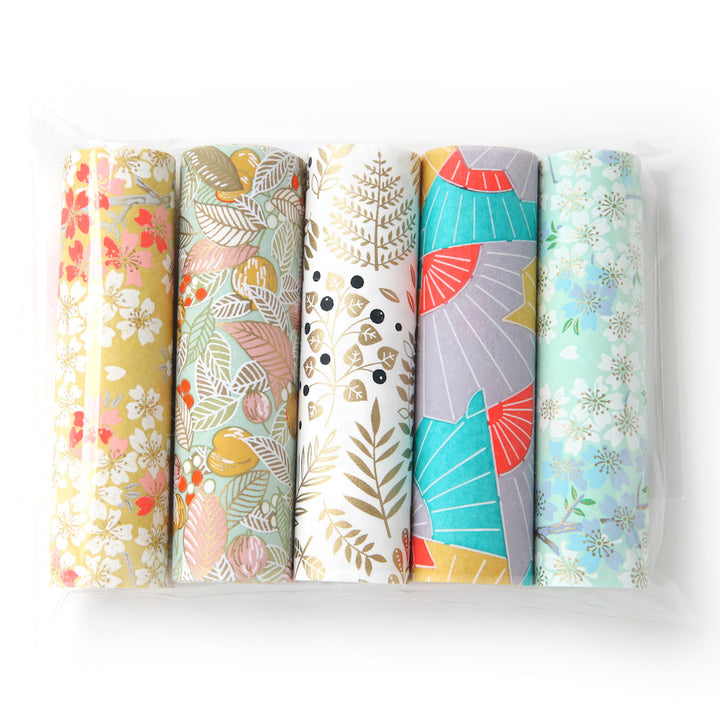 Set of 5 rolls of Japanese paper - Water Green, Coral, Mustard Yellow, Pink, Mauve and Gold