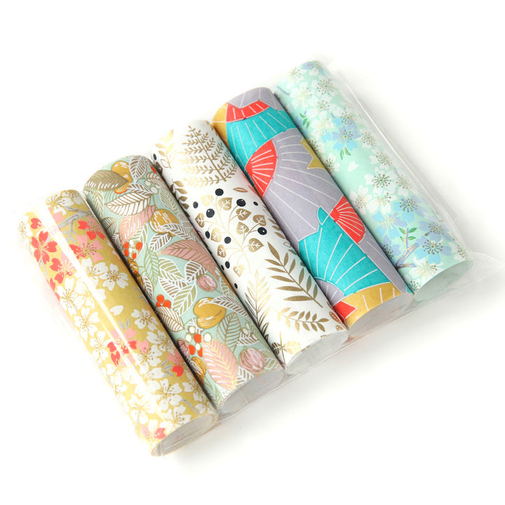 Set of 5 rolls of Japanese paper - Water Green, Coral, Mustard Yellow, Pink, Mauve and Gold