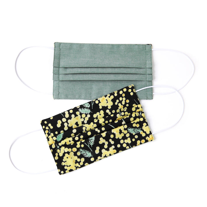 Japanese Fabric Mask - Mimosa and Plain - Black, Yellow and Green 