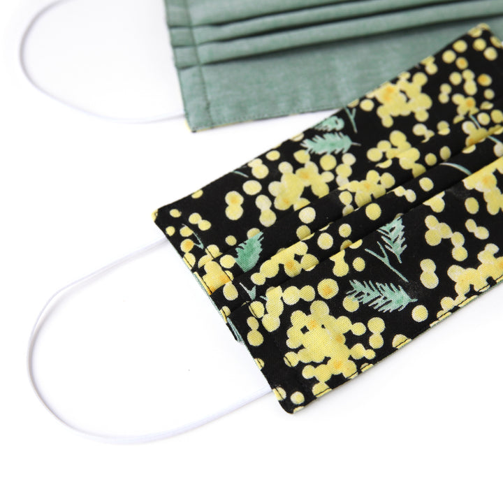 Japanese Fabric Mask - Mimosa and Plain - Black, Yellow and Green 