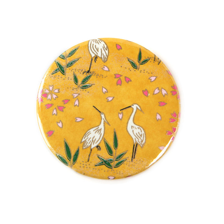 Japanese Paper Pocket Mirror - Herons and Flowers - Mustard - M659