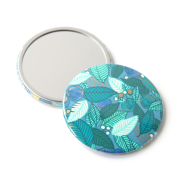 Japanese Paper Pocket Mirror - Leaves, Berries and Fruits - Duck Blue, Water Green and Dark Green - M935