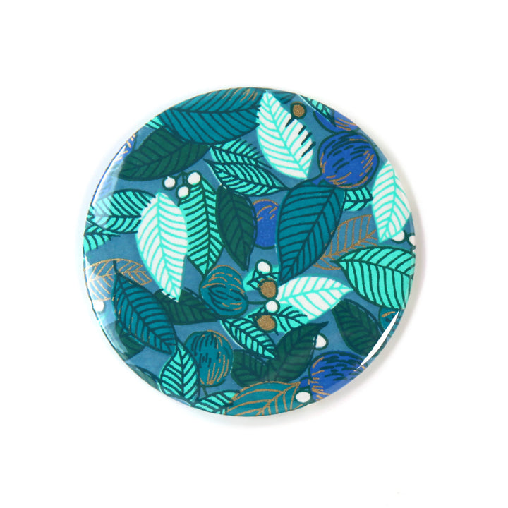 Japanese Paper Pocket Mirror - Leaves, Berries and Fruits - Duck Blue, Water Green and Dark Green - M935