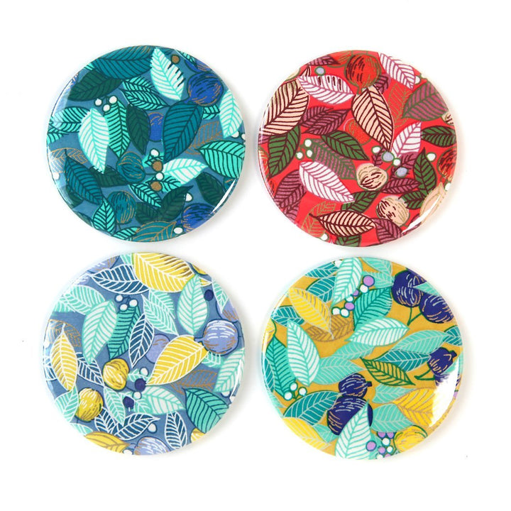 Japanese Paper Pocket Mirror - Leaves, Berries and Fruits - Duck Blue, Water Green and Dark Green - M935