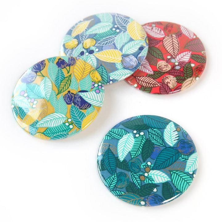 Japanese Paper Pocket Mirror - Leaves, Berries and Fruits - Duck Blue, Water Green and Dark Green - M935