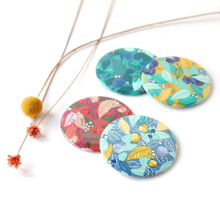 Japanese Paper Pocket Mirror - Leaves, Berries and Fruits - Duck Blue, Water Green and Dark Green - M935