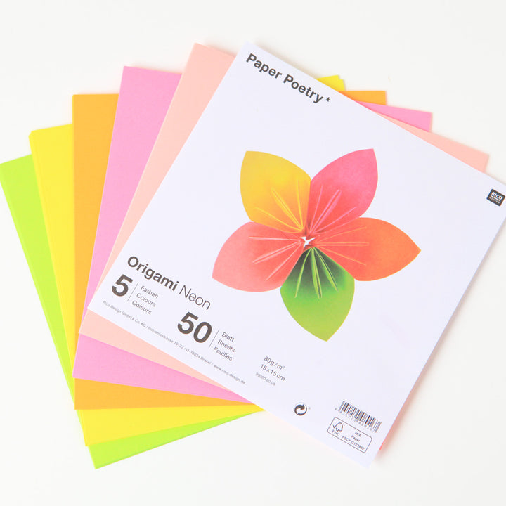 50 Plain Origami Papers - 15 x 15 cm - 5 neon colors