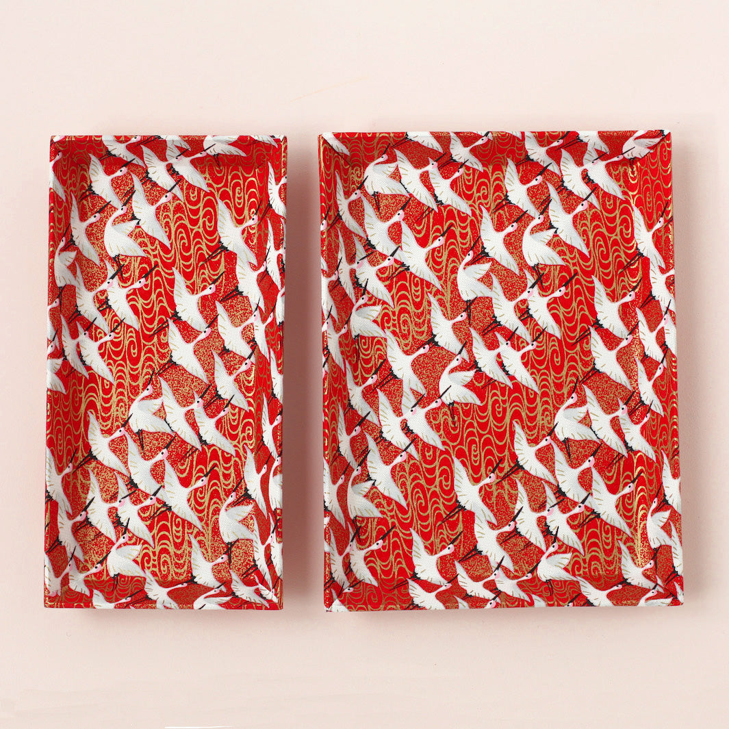 Small &amp; Large storage compartment - White cranes and golden waves, Red background - M441