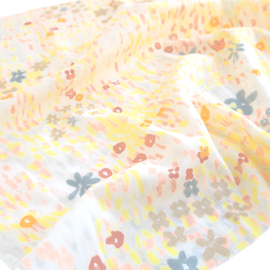 Double Gauze Fabric - Flowers and Touches of Paint - Yellow, Pink and Grey, Ecru Background - T386