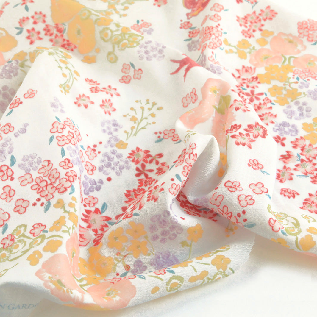 Japanese Fabric - Various Watercolor Patterns - Coral, Yellow and Mauve, Ecru Background - T214