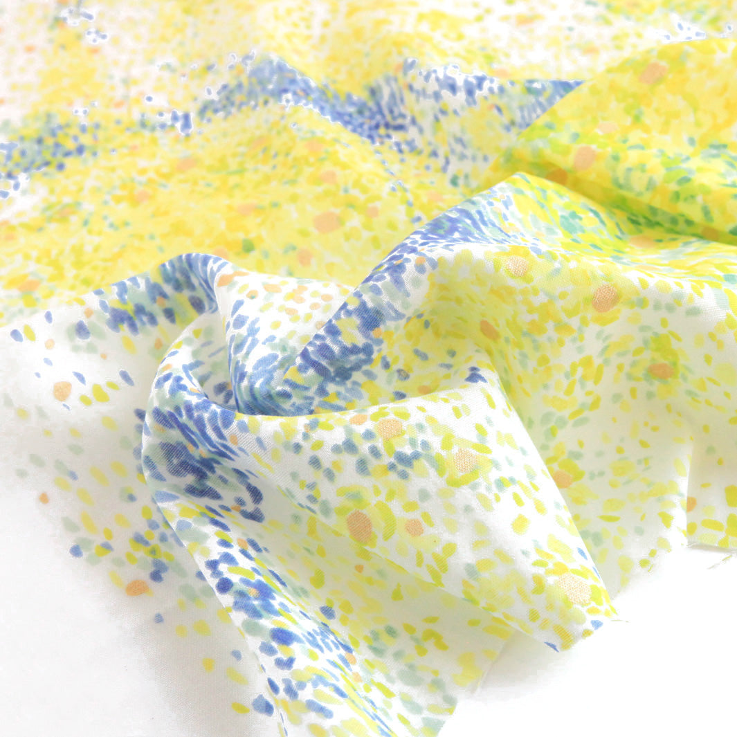 Tissu Japonais - Fleurs Mouchetées - Jaune, Vert et Bleu , Fond Écru - T397