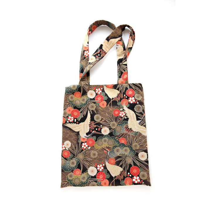 Japanese Fabric Tote Bag - Cranes, Pines and Chrysanthemum - Black, Taupe, Red and Green