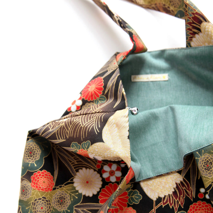 Japanese Fabric Tote Bag - Cranes, Pines and Chrysanthemum - Black, Taupe, Red and Green