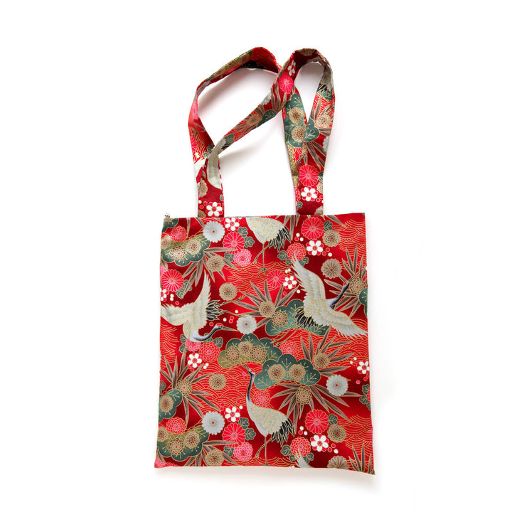 Japanese Fabric Tote Bag - Cranes, Pines and Chrysanthemum - Red, Fuschia, Taupe, Gray and Green