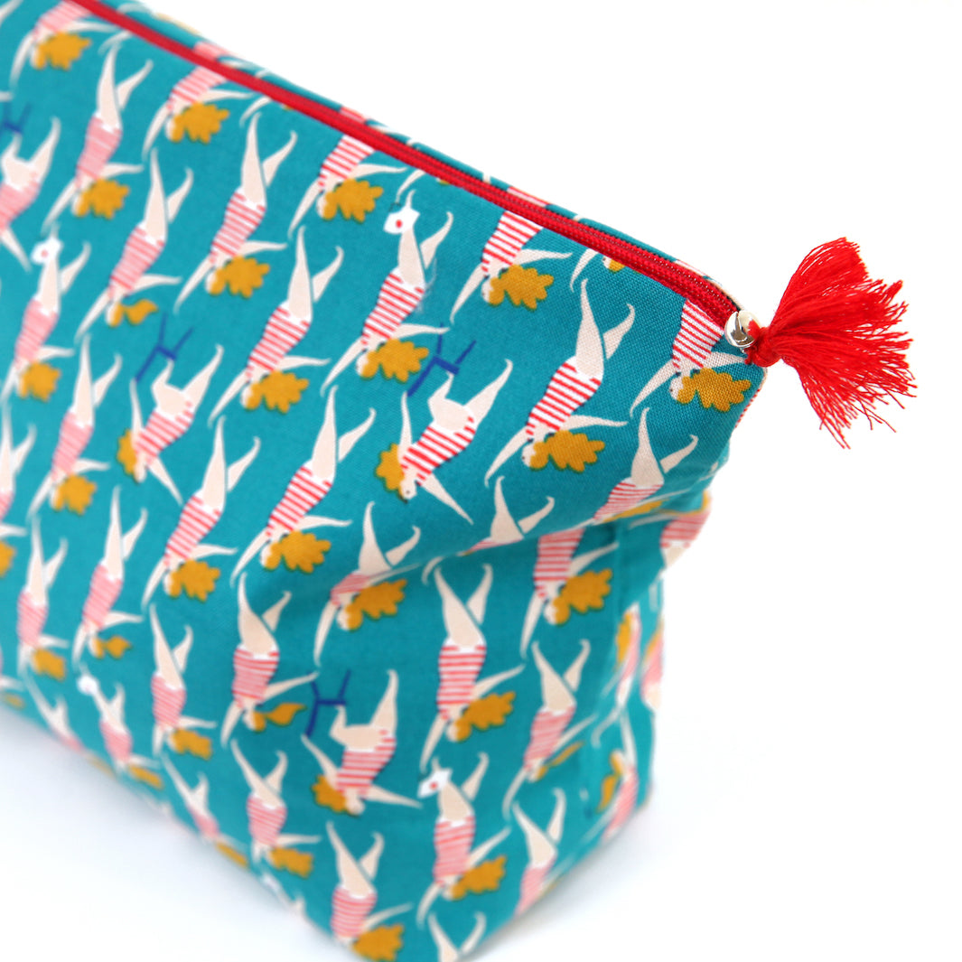 Pencil Case with Japanese Fabric Background - Bather - Turquoise, Red and Yellow